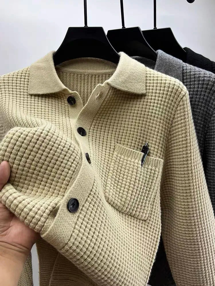 High-end Waffle Knitted Cardigan 2023 Autumn/Winter New Fashion Men's Polo Collar Korean Knitted Sweater Casual Solid Coat