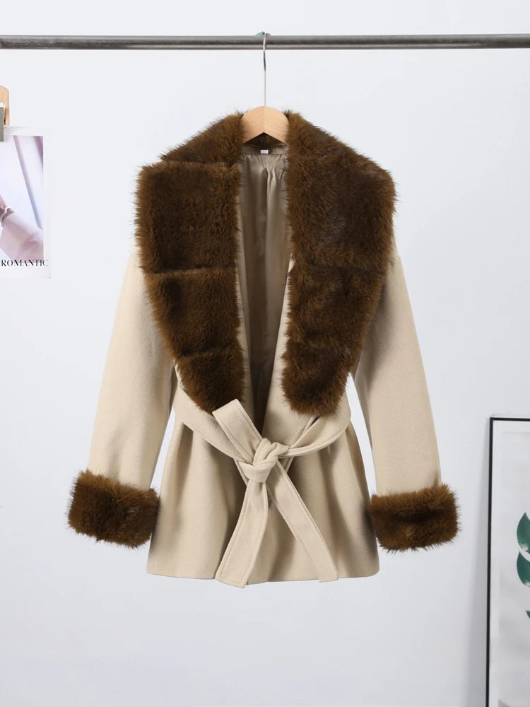 Street Faux Fur Belt Woolen Women Coat Urban Shawl Collar Belted Waist Full Sleeve Female Coats 2025 Autumn Winter Lady Outwear