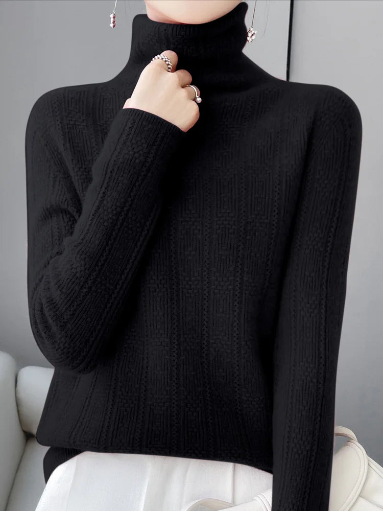 100% Wool Cashmere Sweater Women Turtleneck Long Sleeve Tops Knitted Pullovers Autumn Winter Casual Loose Clothing Warm Jumper