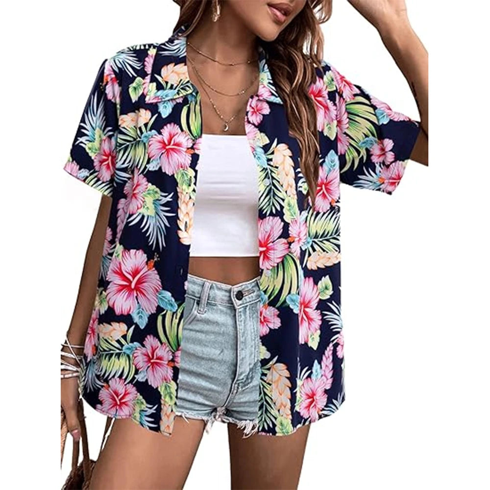 New Women's Short Sleeve T-shirt Fashion 3D Floral Print Hawaiian Style Casual Basic T-shirt Summer Lapel Short Sleeve Shirt