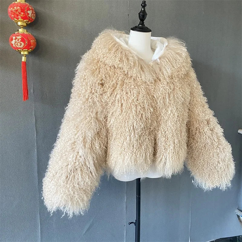 2025 Autumn Fashion Warm Short Real Mongolia Sheep Fur Jacket Women Plus Size Curly Lamb Fur Jacket Female