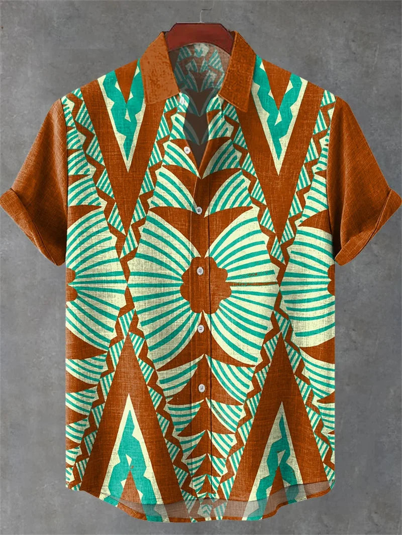 Men's Vintage Art Shirt Vintage Abstract 3D Geometric Print Short Sleeve Linen Casual Shirt Holiday Clothing
