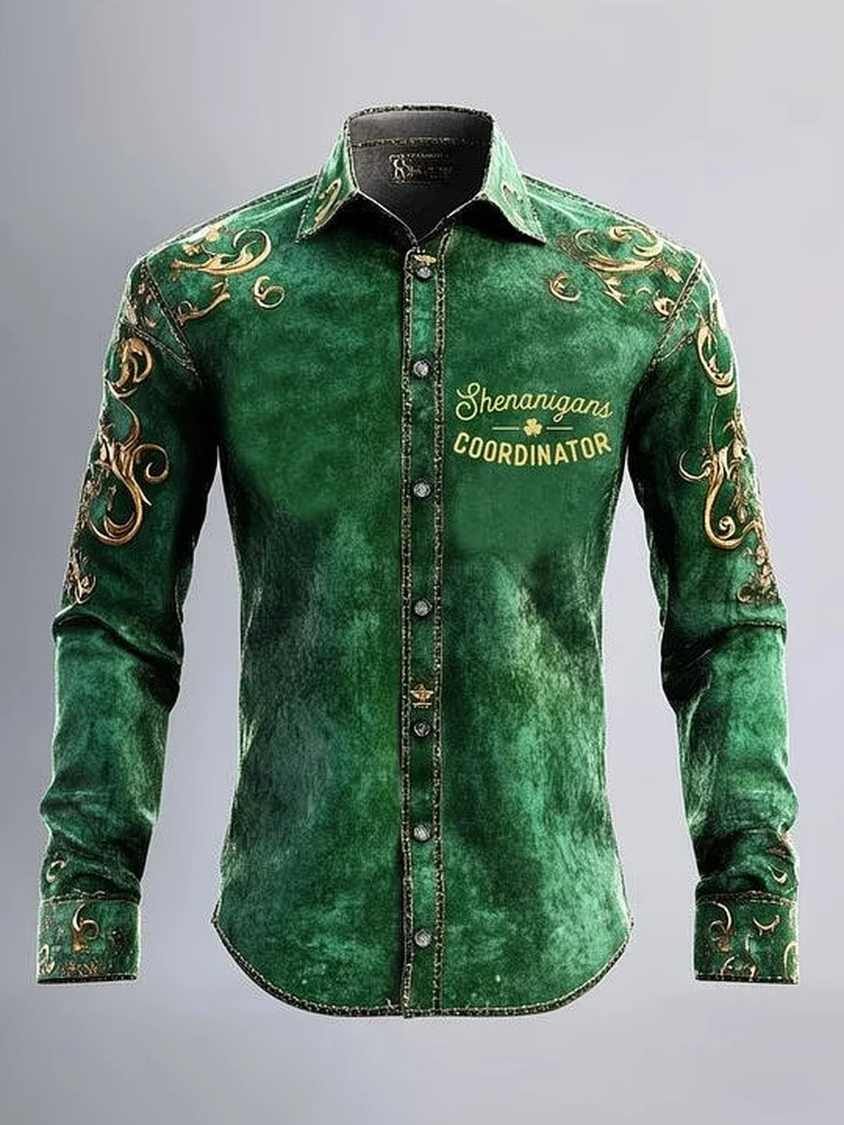 New men's 3D clover print retro pattern casual long sleeved casual shirt fashionable lapel top clothing