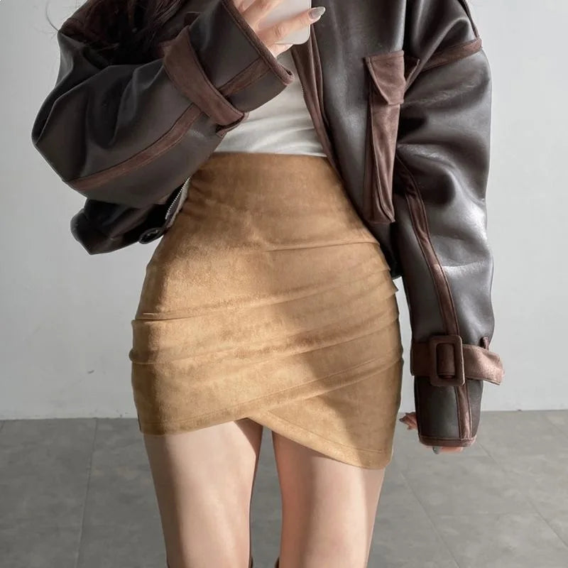 Grey Suede Mini Skirt Women's Autumn Winter New Style Irregular Fit High Waist Elastic Short Skirt One Step Wrap around Skirt