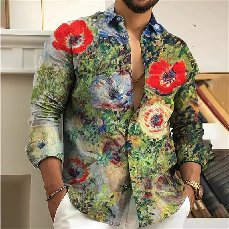 Men's Shirt 3D Floral Print Lapel Long Sleeve Men's Tops Vintage 2025 Street Trend Outdoor Fashion Dress Designer XS-6XL