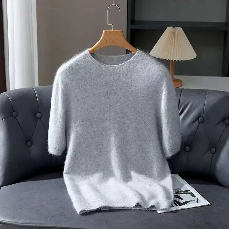 2026 Spring And Autumn New Men's Round Neck Solid Color Mink Fleece Sweater Youth Casual Hoodie Half Sleeve Knitted T-shirt Base