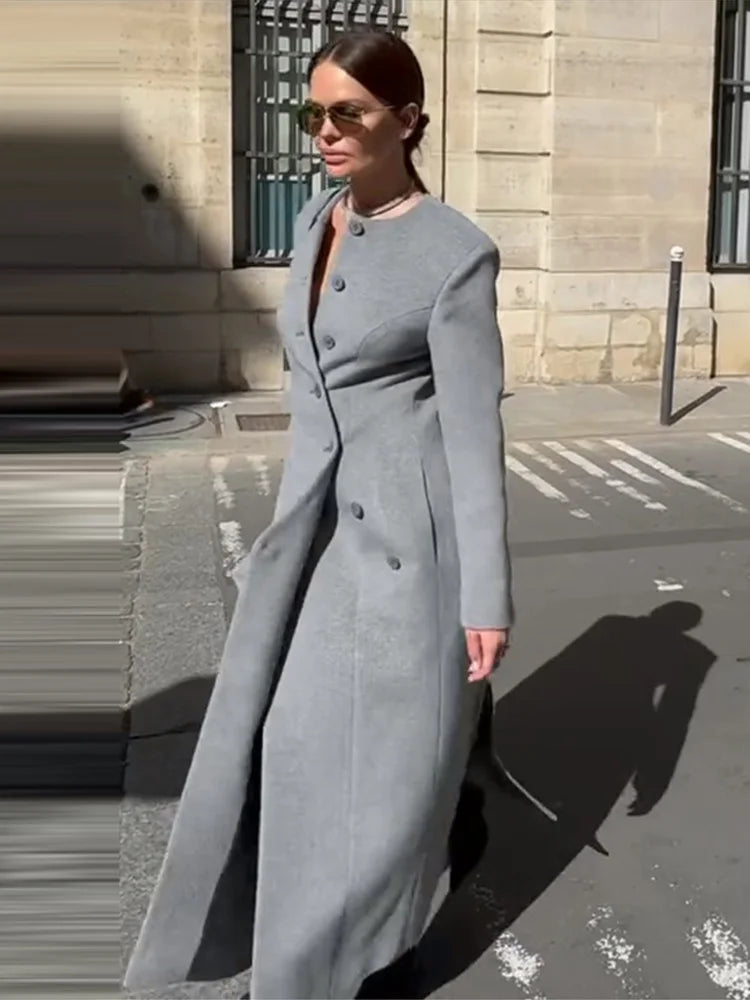Chic Oblique Buckle Women's Coat O-Neck Side Split Full Sleeve Long Coats Lady 2026 Spring Elegant Female Street Outerwear
