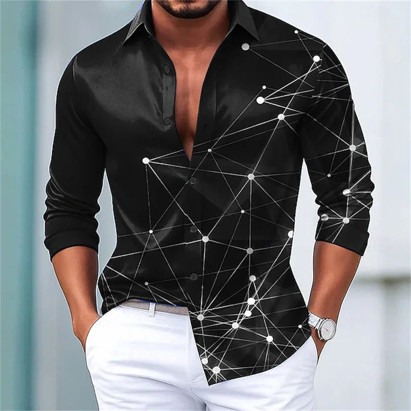 Men's trendy geometric line print long-sleeved shirt. Fashionable slim black technology-style shirt. Popular men's shirt.