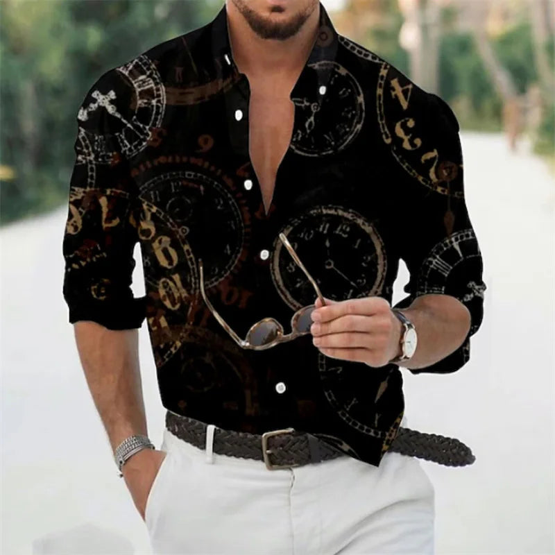 Men's shirts 3D printed shirts for daily outings, lapels for fashionable long sleeved clothing, fashion designers for leisure