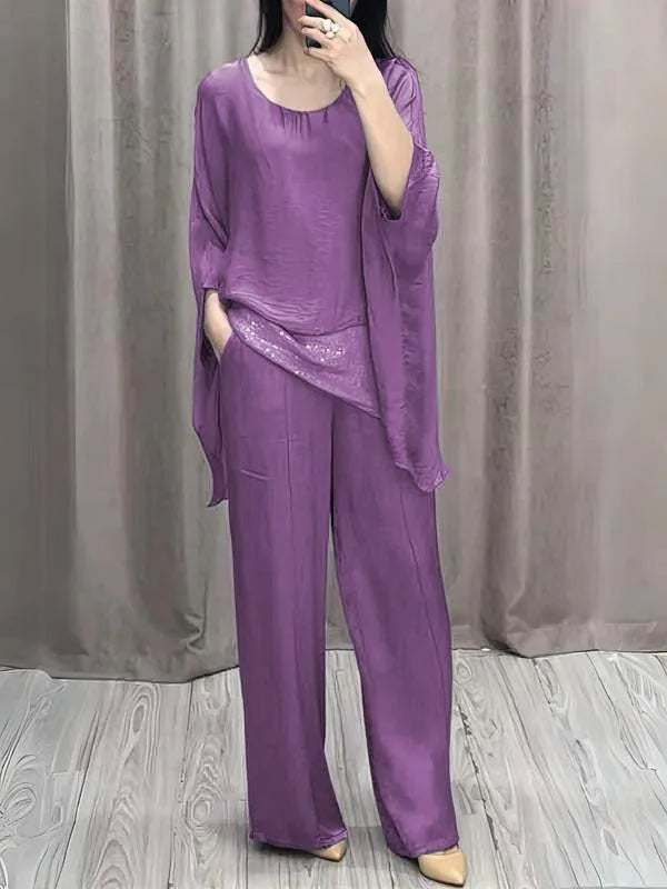 Fashion 2 Piece Set Party Outfits New Spring Summer Elegant Women's Suit Casual Bat Wing Sleeve Blouse Top With Wide Leg Pants