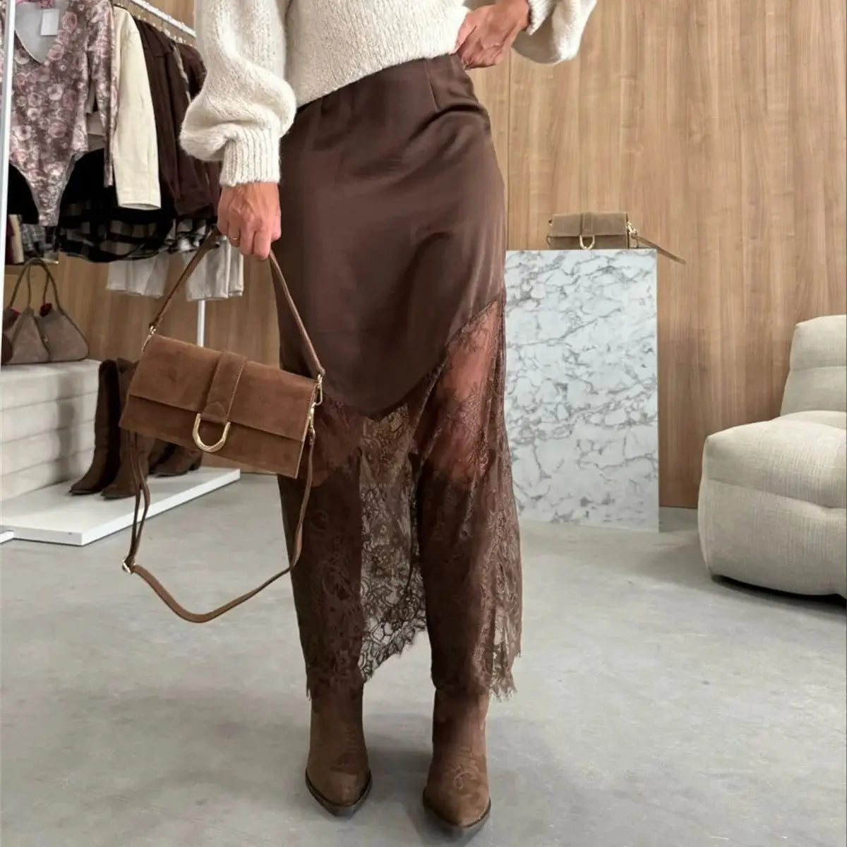 Sexy Lace Patchwork Slim Skirts Women 2025 New In Autumn Spring Solid Hollow Skirt Lady Party Club Evening Clothing Street Chic