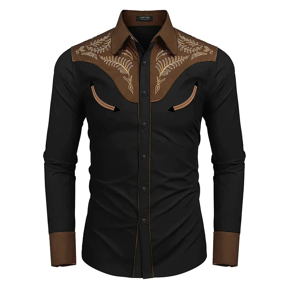 2025Fashion Men's Western Printed Long -sleeved Lapel Single -breasted Shirt Casual Social Men's Club Street Clothing