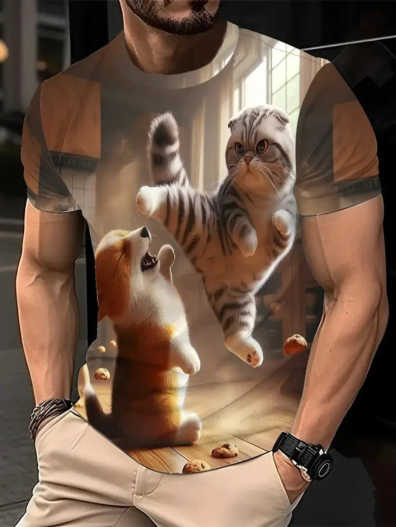Men's Casual Tops 3D Cool Cat Print T-Shirt O Neck Short Sleeve Pullover Streetwear Sportshirt Outdoor Tee Oversized Clothing