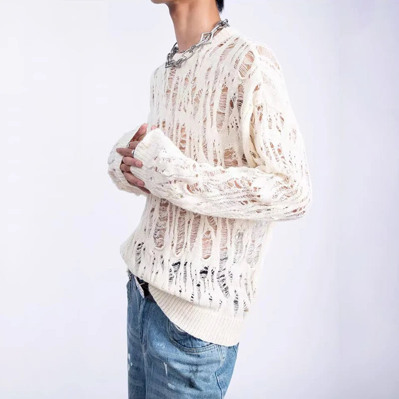 Vintage Ripped Hollow Out Mesh Knit Sweater Men Autumn Streetwear Fashion Crew Neck Long Sleeve Knitted T Shirt Men’s Clothing