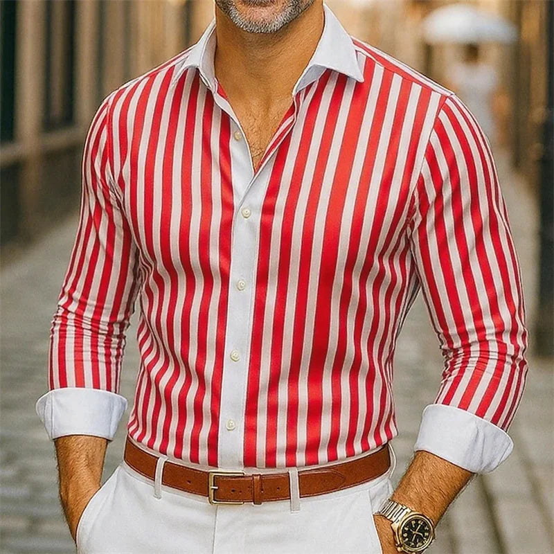 New 202513-Color Men's Long-Sleeved Blue Striped Shirt, Hawaiian Style Social Top, Fashionable Casual Men's Shirt, XS-6XL