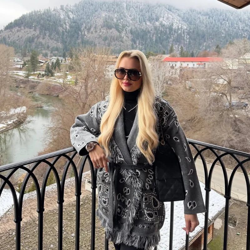 Knitted Print Lace-up Cardigan Coat Women's Elegant V-neck Tassels Full Sleeve Belted Sweaters 2026 Autumn New Ladies Outwear