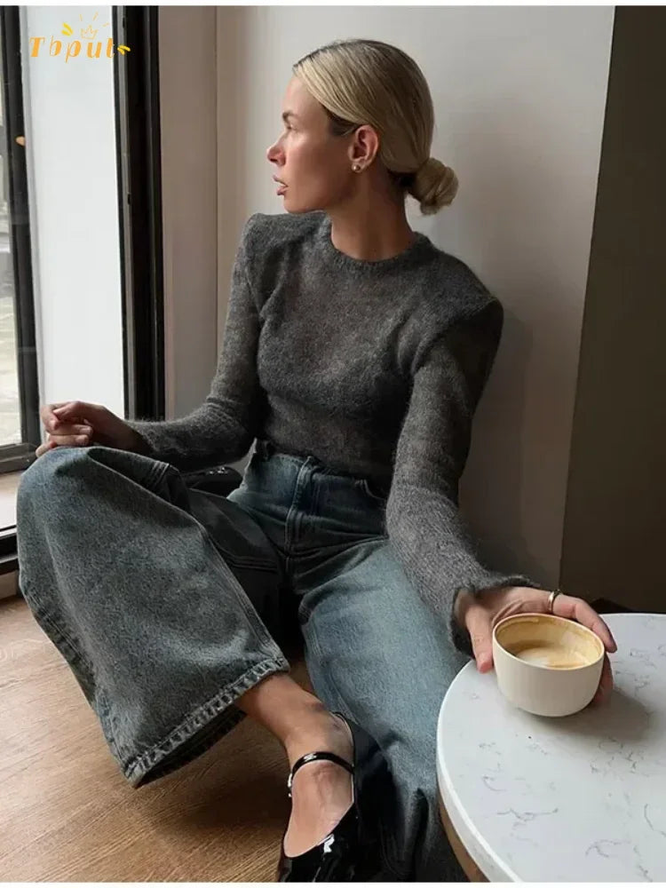Solid Round Neck Thin Knitted Sweater Women Elegant Long Sleeve Bodycon See Through Pullover 2025 New Autumn Lady Street Outwear