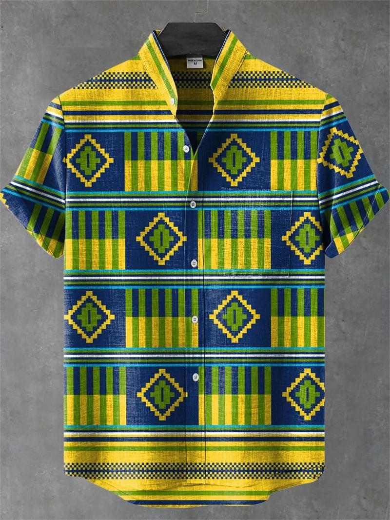 New Men's Striped Linen 80% Short Sleeve Shirt 3D Music Printed Comfort Button Shirt Hawaiian Shirt