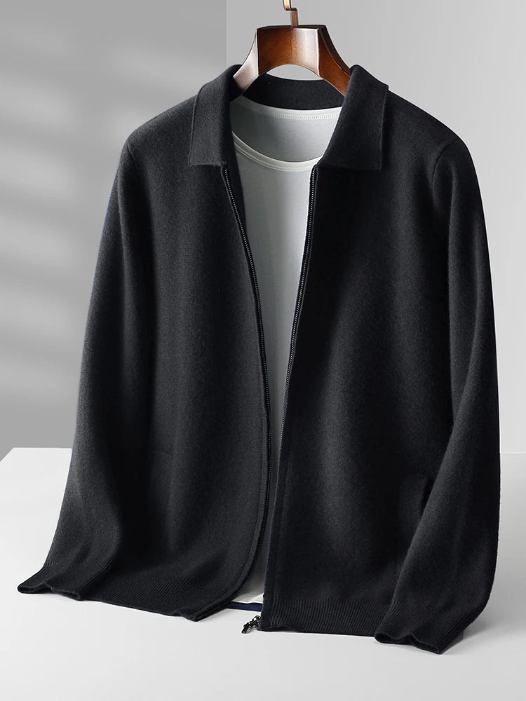 CHICUU Men Thick Polo Zipper Wool Cardigan Smart Casual Soft Warm Cashmere Sweater Coat Autumn Winter 100% Merino Wool Knitwear