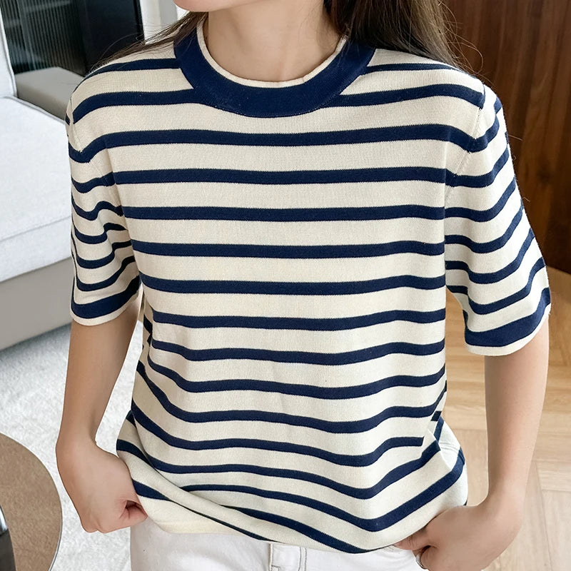 Summer New 100% Pure Cotton Knitted Short Sleeved Casual Women's T-Shirt Round Neck Loose Tees Striped Pullover Tops Cool