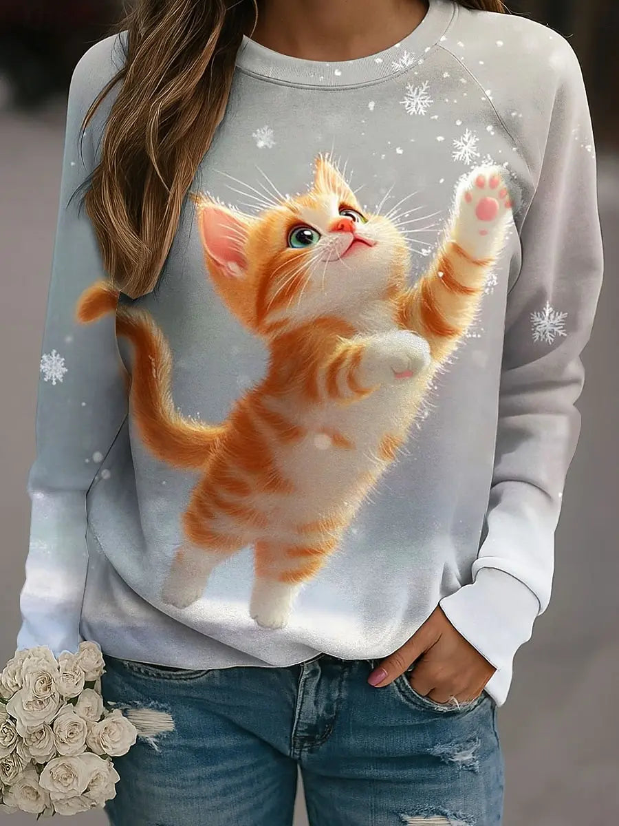Fall Winter Pullover Women's Cute Cat Graphic Sweatshirt Trendy 3D Print O-Neck Long Sleeve Tops  Women's Apparel Y2K Streetwear