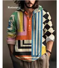 Spring and Autumn Men's Shirt Linen Fashion Casual Bamboo Hawaiian Style Printed Shirt Men's Top Long Sleeve Hooded Pullover