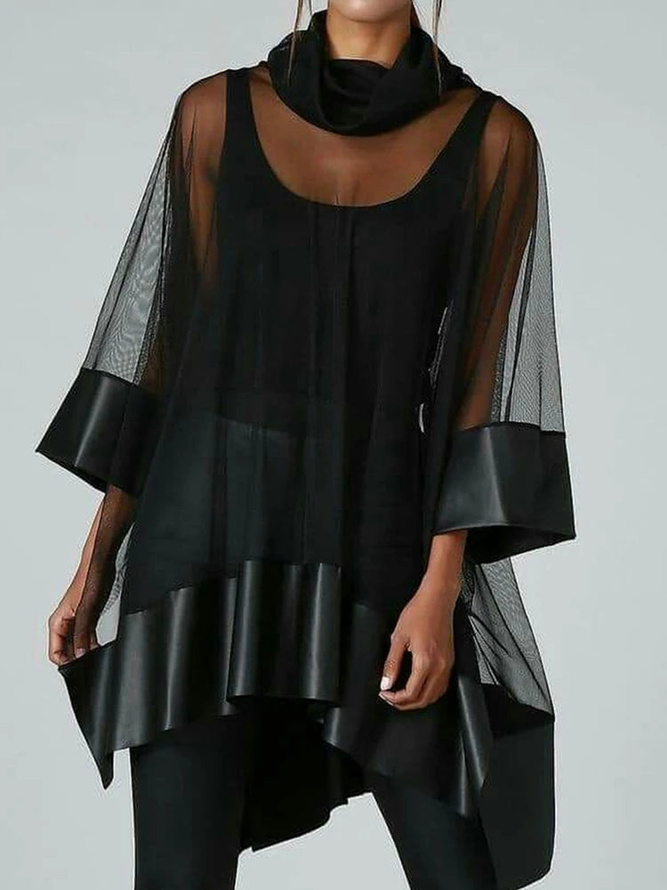 See-Through Mesh Sexy Women Loose Blouse Roll Neck 3/4 Sleeve PU Patchwork Irregular Shirt Summer Top Streetwear Female Blouses
