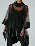 See-Through Mesh Sexy Women Loose Blouse Roll Neck 3/4 Sleeve PU Patchwork Irregular Shirt Summer Top Streetwear Female Blouses