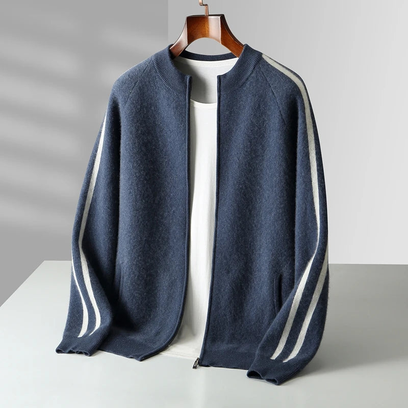 ATTYYWS  Men's new cardigan 100% wool sweater color blocked knit casual autumn and winter coat men's O-neck cashmere sweater
