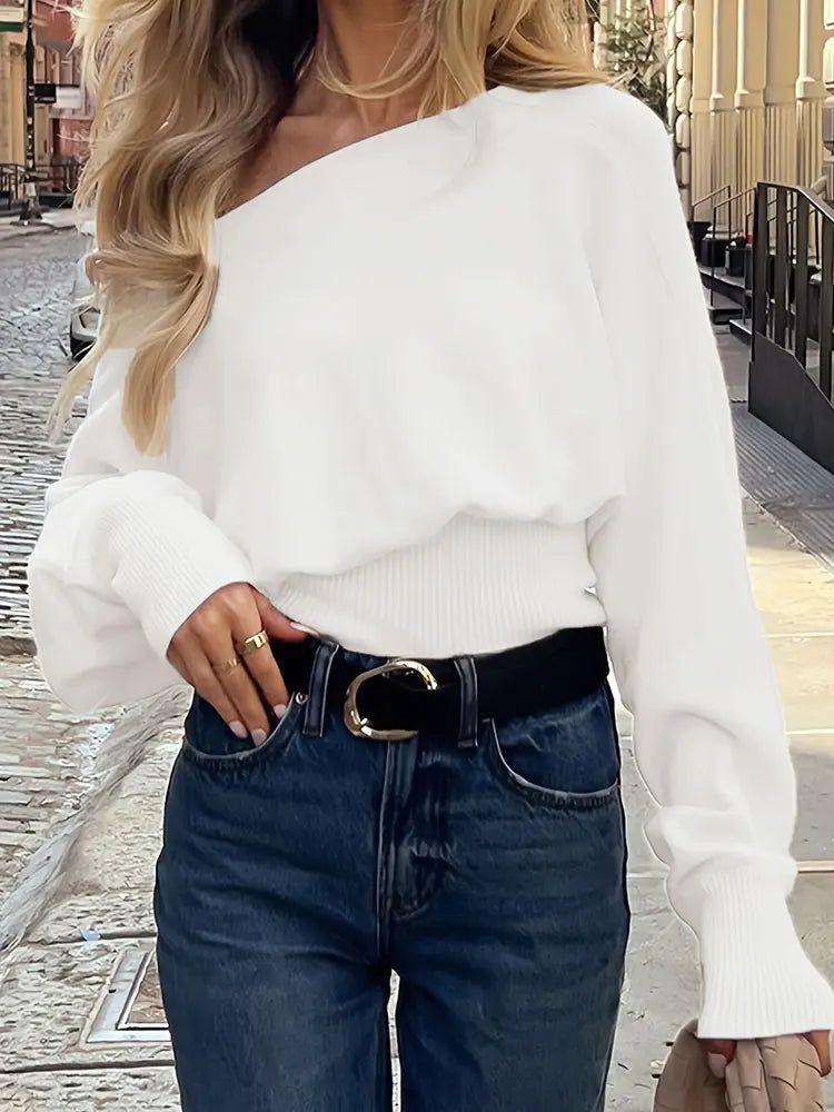 Autumn Winter New Solid Off-Shoulder Sweater Slash Neck Long Sleeve Knitted Pullovers Fashionable Commuting Versatile Short Top
