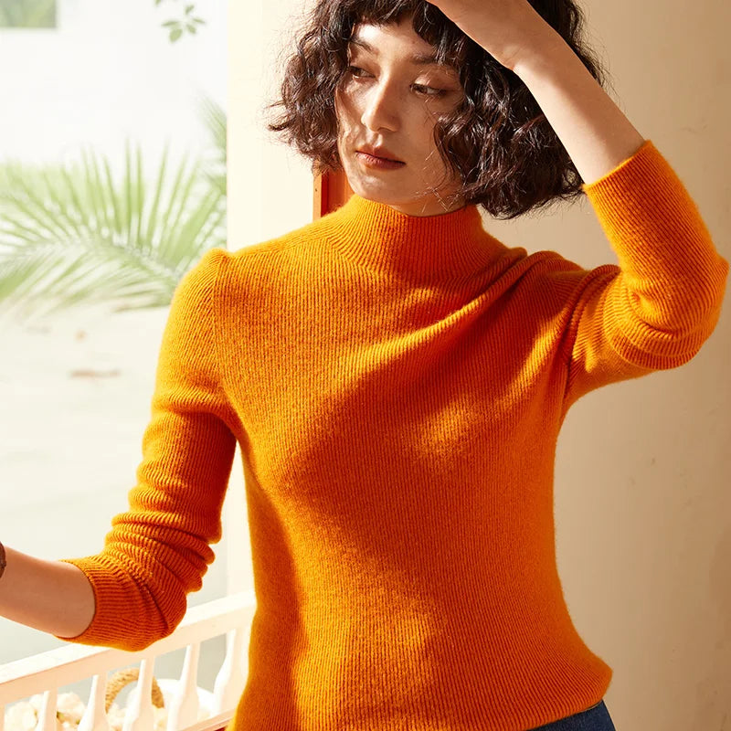 Autumn and Winter New Women's 100% Pure Cashmere Semi High Neck Pullover Sweater Knitted Slim Fit Hot Selling Women's Top