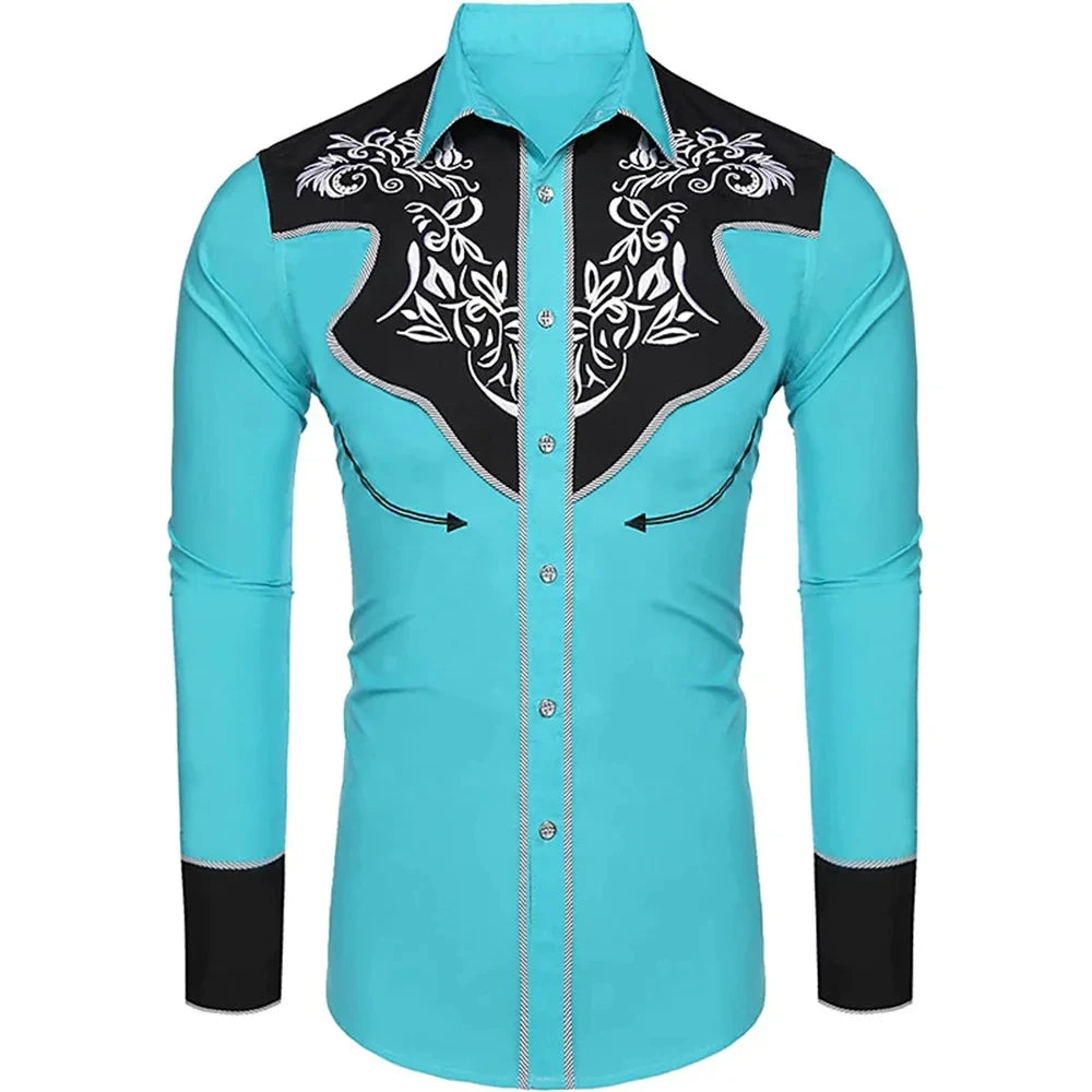 2025Fashion Men's Western Printed Long -sleeved Lapel Single -breasted Shirt Casual Social Men's Club Street Clothing