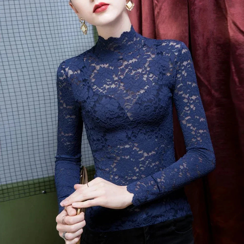 Stretch Flowers Lace T Shirt Women Turtleneck Petal Sleeve Shirts Girl S-3XL Pink Green Black Blusas Top Ladies Mujer De Moda