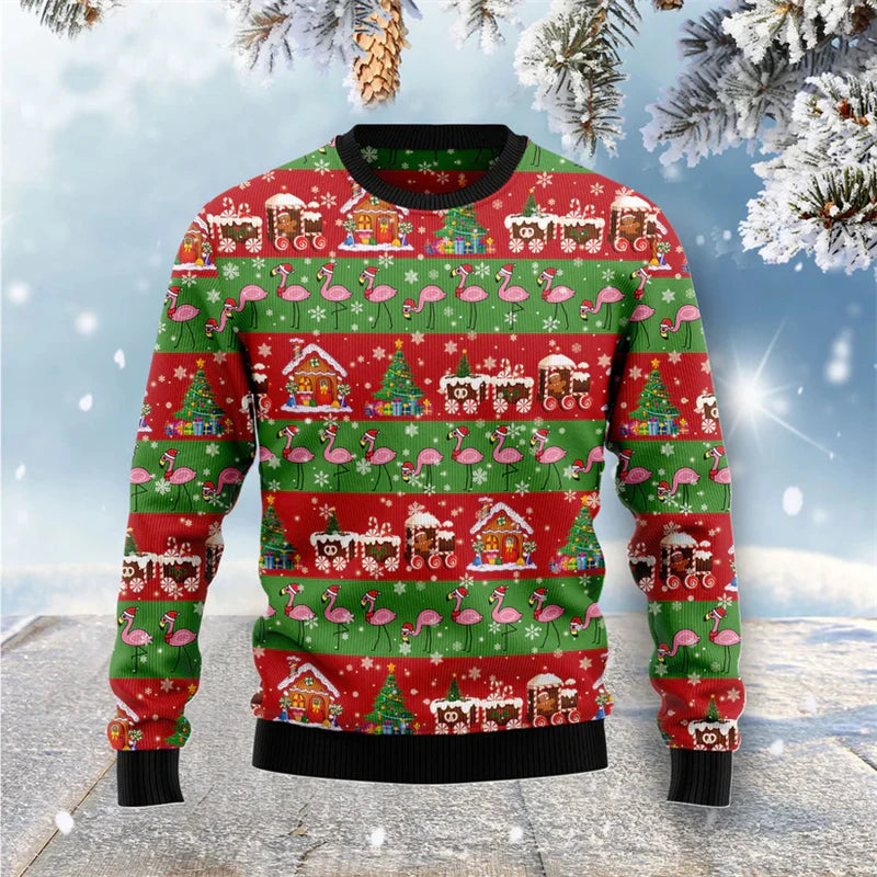 Funny Flamingo Graphic Ugly Christmas Sweater Autumn Holiday Wear 3D Printed Sweatshirt Loose Streetwear Pullovers Mens Clothing
