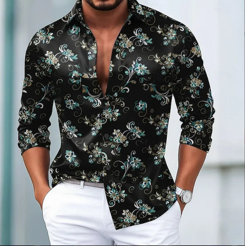 3D floral print men's long sleeved shirt, comfortable lapel top, Hawaiian long sleeved shirt, new top clothing