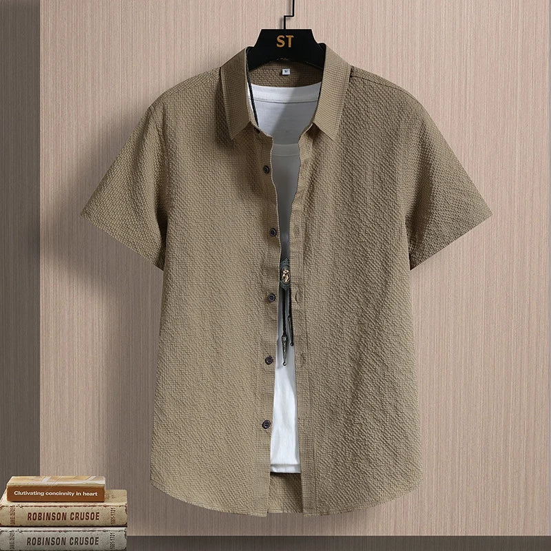 Men's Shirts Seersucker Short Sleeve Male Shirts Summer Casual Business Textured Solid Button Up Office Top
