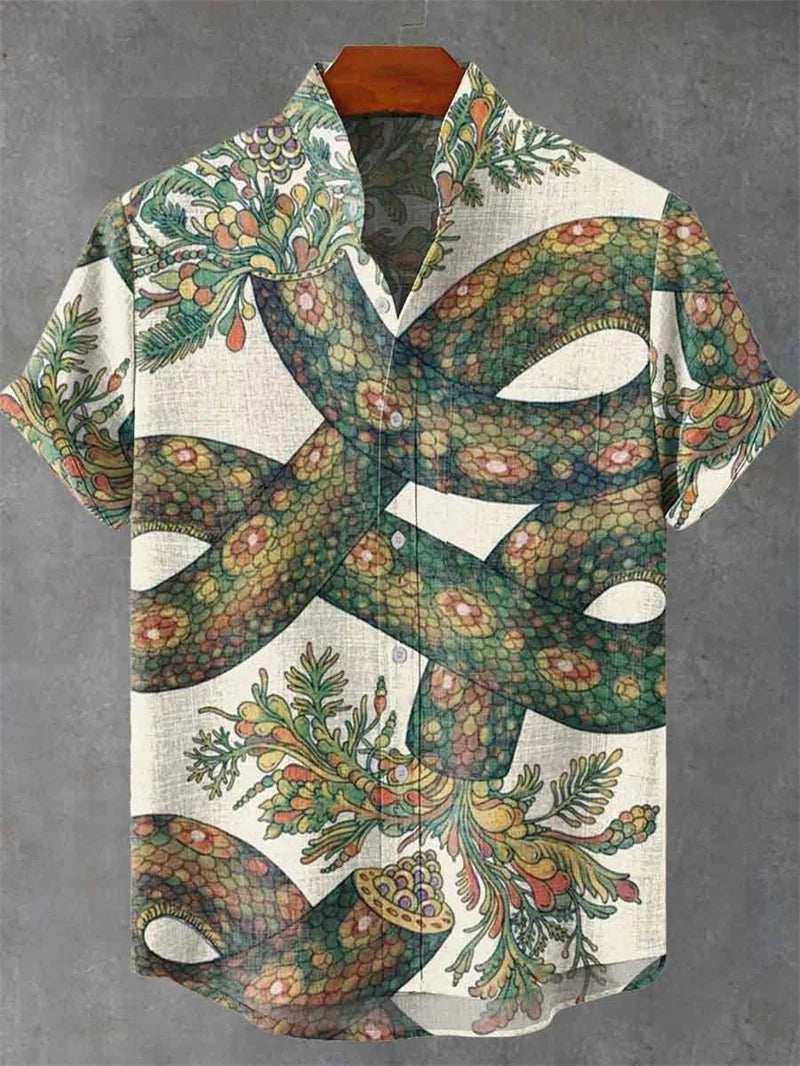 Vintage Men's Shirt Comfortable Short Sleeve Fashion 3D Crane Printed Art Pattern, Button Top, Summer Top