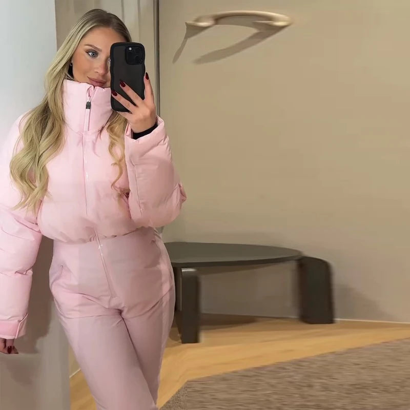 Fashion Women's Jumpsuit Stand Collar Full Sleeve Slim Solid Female Set 2026 Sping Winter Chic Casual Thick Cozy Lady Ski Suit