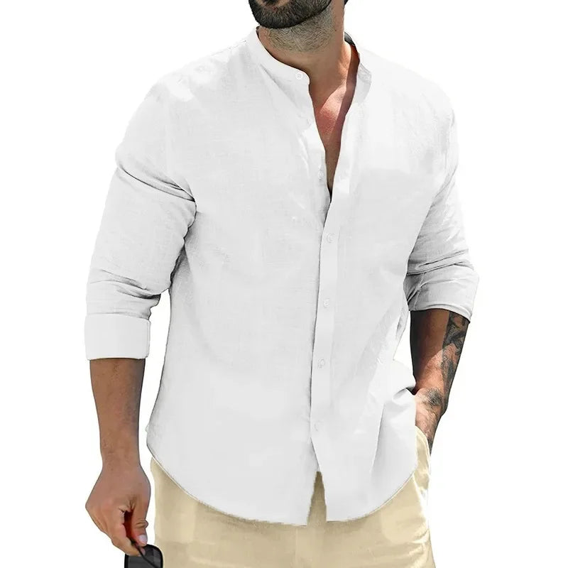 Men's shirt, long-sleeved shirt, solid color, round neck, single-breasted shirt, outdoor casual business office clothing, large