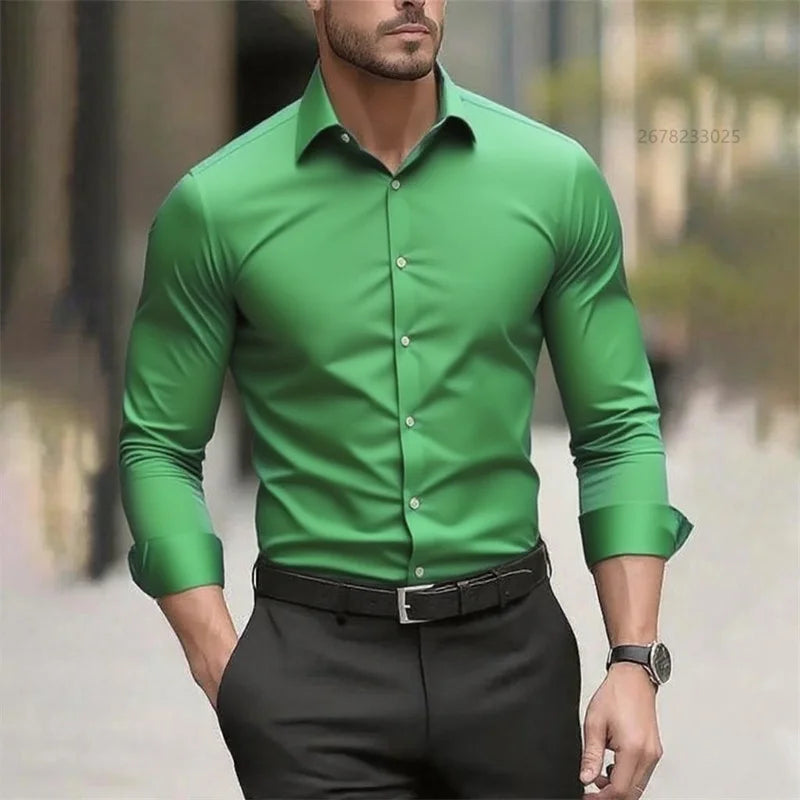 Solid Color Men's Shirt Casual White Shirt, High Quality Solid Color Long Sleeve Stretch Fabric, Business Formal Shirt, XS-6XL