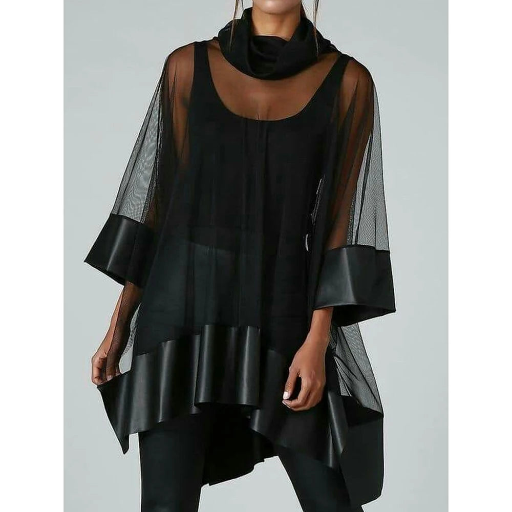 See-Through Mesh Sexy Women Loose Blouse Roll Neck 3/4 Sleeve PU Patchwork Irregular Shirt Summer Top Streetwear Female Blouses
