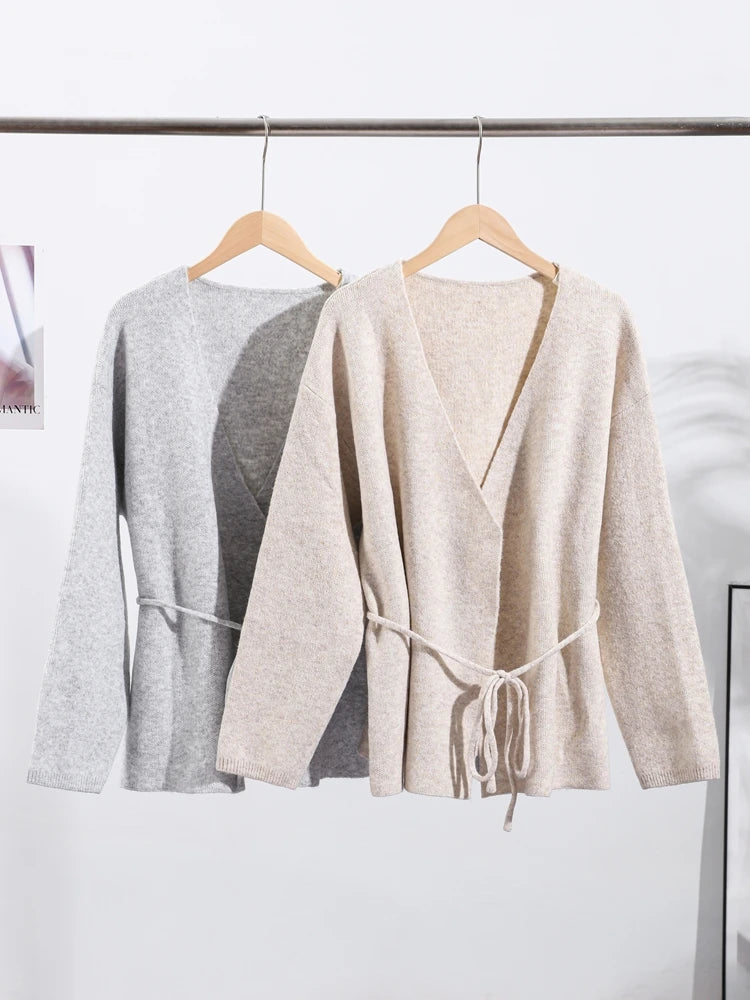 Casual Knit Cardigan Women Loose V Neck Long Sleeves Lace Up Sweater Coats Female 2025 Autumn Winter Solid Soft Chic Knitwears