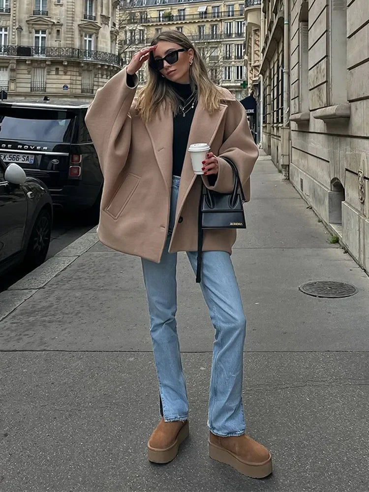 Elegant Woolen Lapel Coat Loose Solid Long Sleeve Single Breasted Pocket Female Jackets 2025 Autumn Fashion Street Lady Outwear