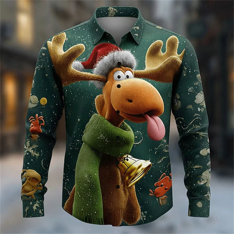Christmas men's reindeer bell fun Christmas shirt long-sleeved button shirt Christmas gift autumn and winter collar shirt