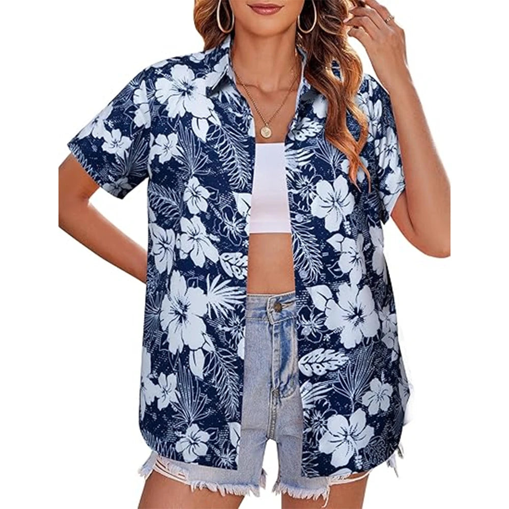 New Women's Short Sleeve T-shirt Fashion 3D Floral Print Hawaiian Style Casual Basic T-shirt Summer Lapel Short Sleeve Shirt