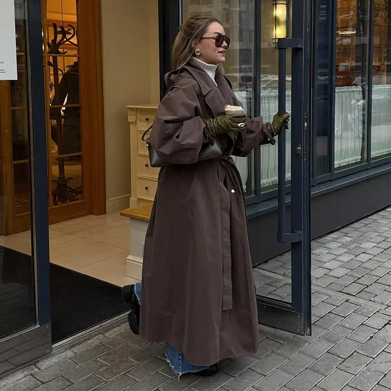 Green Belted Lapel Trench Coat Women's Loose Lace-up Button Full Sleeve Windbreakers 2026 New Autumn Ladies High Street Outwear