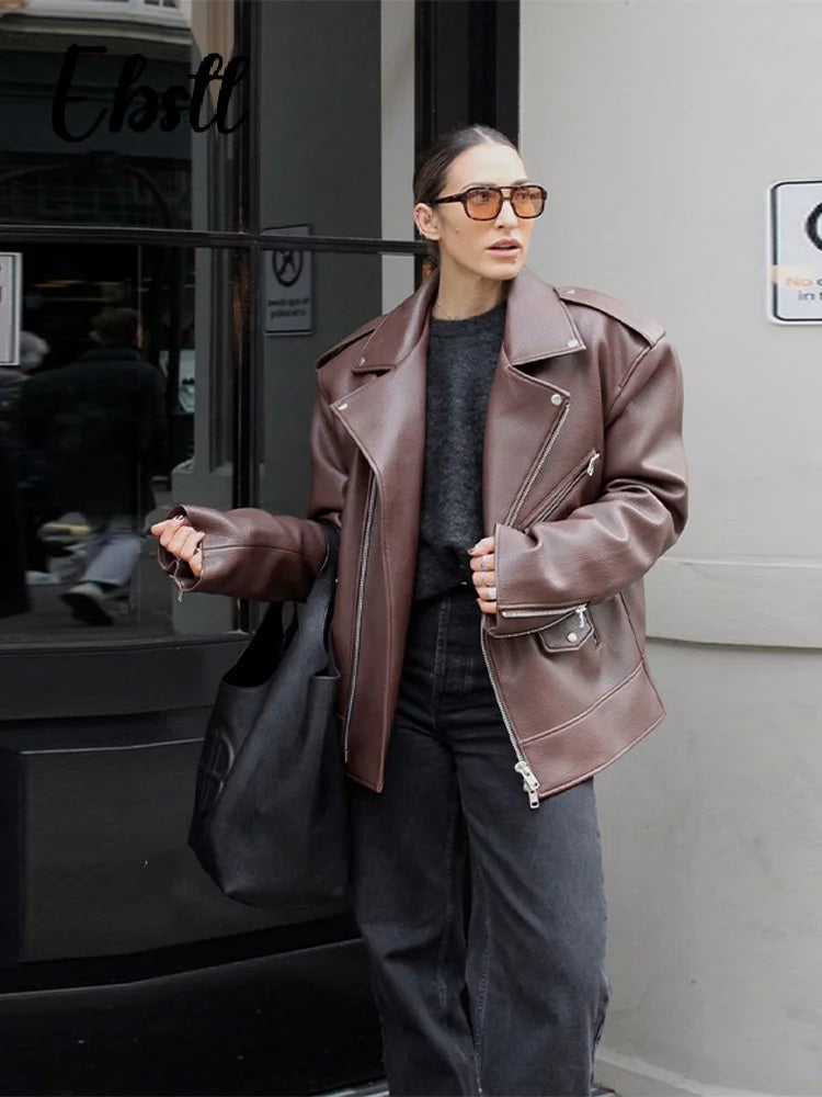 High Street Zippers Leather Jackets Women Lapel Long Sleeve Pockets Buttons Jacket 2025 Autumn New Female Locomotive Outwear