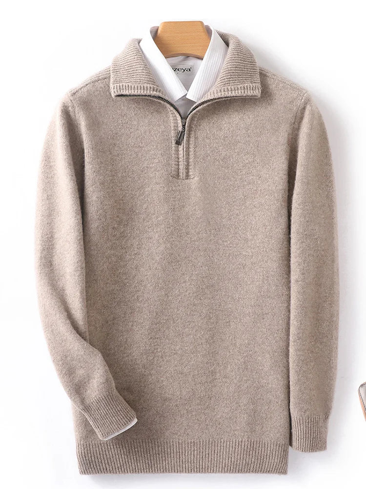 Autumn/Winter New Men's 100% Pure Wool Sweater Business Casual Half Zip Lapel Pullover Thickened Warm Knitted Long Sleeve Jumper