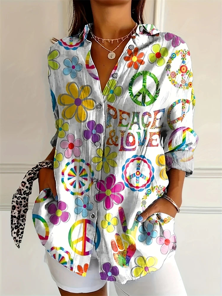 New Summer Fashion Women's Lapel Shirt Big Size Button Long Sleeve Daily Weekend V Neck Tops Floral Printed Loose Casual Shirt