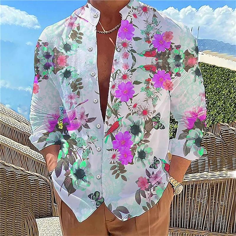 Men's long sleeve shirt High quality 3D printed shirt, floral pattern, spring and autumn, casual and stylish, comfortable fabric
